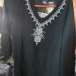 Susan Graver Black Top with White Embroidery